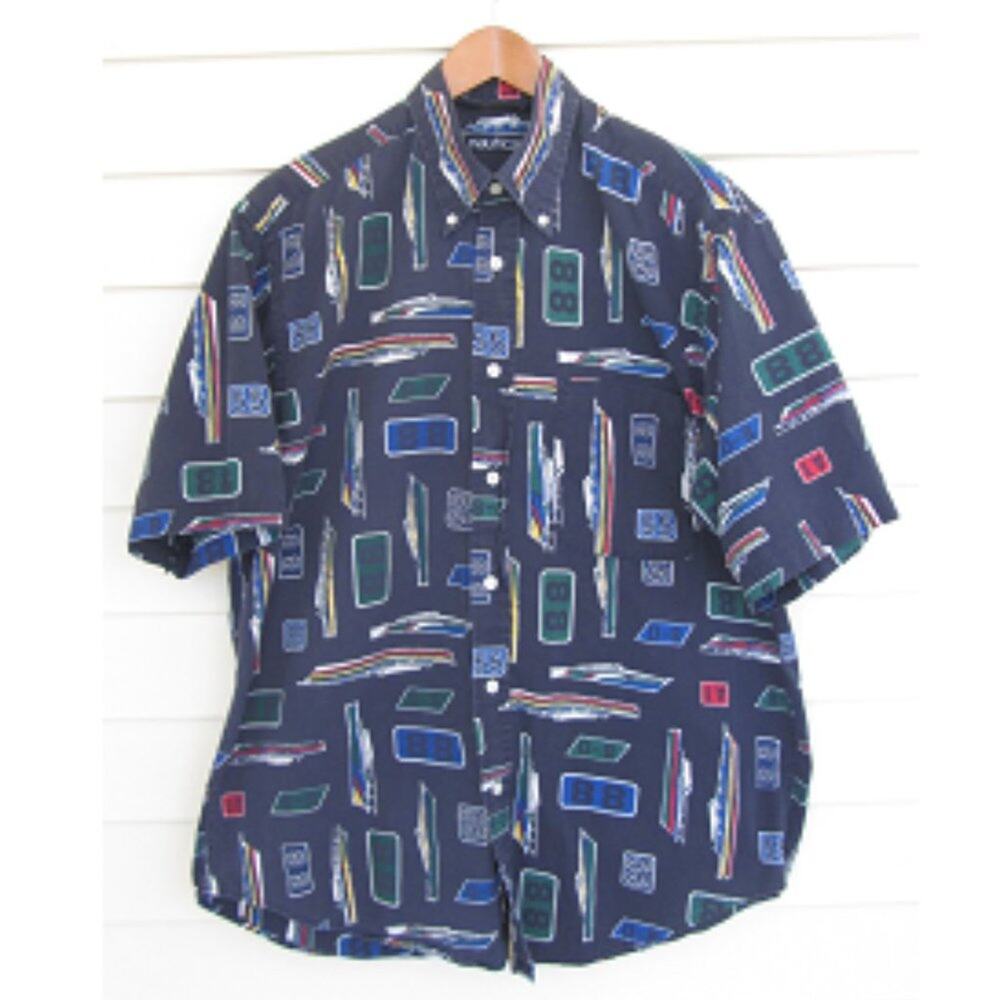 Vintage NAUTICA Yacht Print Button Down Short Sleeve Shirt